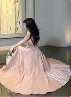 Sweet Pink A-Line Spaghetti Strap Square Neck Satin Long Formal Prom Dress Bridesmaid Dress