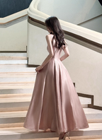 Sweet Pink A-Line Spaghetti Strap Square Neck Satin Long Formal Prom Dress Bridesmaid Dress