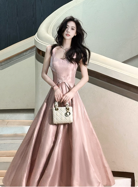 Sweet Pink A-Line Spaghetti Strap Square Neck Satin Long Formal Prom Dress Bridesmaid Dress