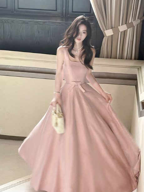 Sweet Pink A-Line Spaghetti Strap Square Neck Satin Long Formal Prom Dress Bridesmaid Dress Main image