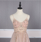 Sweet Pink A-Line Spaghetti Strap V-Neck Beaded Tulle Train Formal Prom Dress