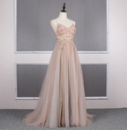 Sweet Pink A-Line Spaghetti Strap V-Neck Beaded Tulle Train Formal Prom Dress
