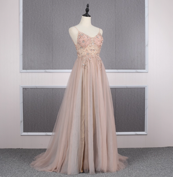 Sweet Pink A-Line Spaghetti Strap V-Neck Beaded Tulle Train Formal Prom Dress