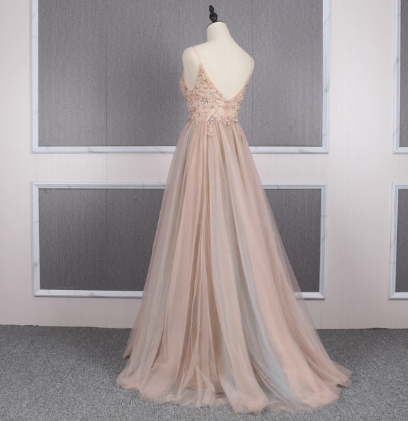 Sweet Pink A-Line Spaghetti Strap V-Neck Beaded Tulle Train Formal Prom Dress