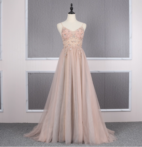 Sweet Pink A-Line Spaghetti Strap V-Neck Beaded Tulle Train Formal Prom Dress