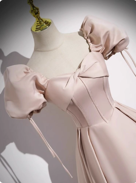Sweet Pink A-Line Square Neck Puff Sleeve Satin Long Formal Prom Dress Secondary image