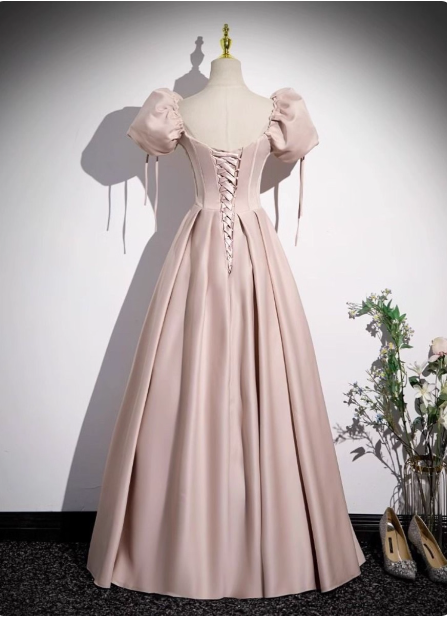 Sweet Pink A-Line Square Neck Puff Sleeve Satin Long Formal Prom Dress