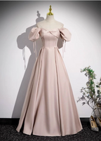 Sweet Pink A-Line Square Neck Puff Sleeve Satin Long Formal Prom Dress
