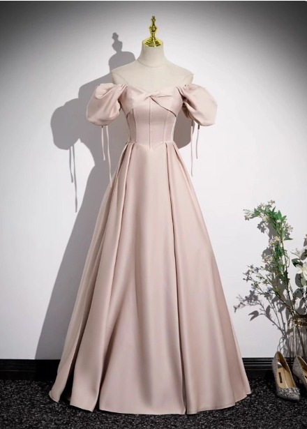 Sweet Pink A-Line Square Neck Puff Sleeve Satin Long Formal Prom Dress