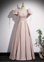 Sweet Pink A-Line Square Neck Puff Sleeve Satin Long Formal Prom Dress