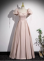 Sweet Pink A-Line Square Neck Puff Sleeve Satin Long Formal Prom Dress