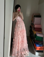 Sweet Pink A-Line Strapless 3D Floral Tulle Long Formal Prom Dress