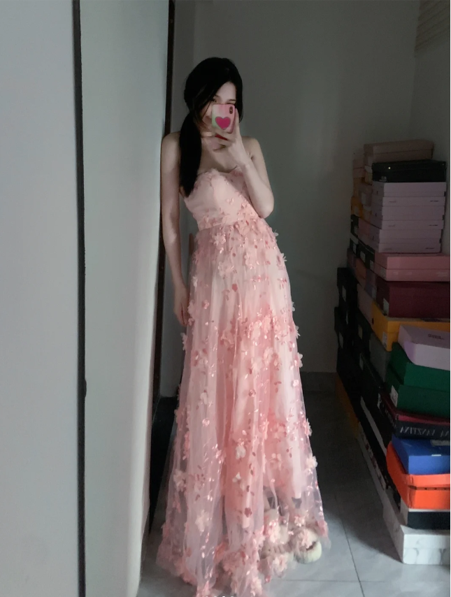 Sweet Pink A-Line Strapless 3D Floral Tulle Long Formal Prom Dress