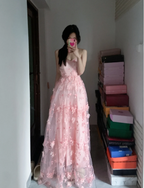 Sweet Pink A-Line Strapless 3D Floral Tulle Long Formal Prom Dress
