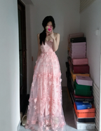 Sweet Pink A-Line Strapless 3D Floral Tulle Long Formal Prom Dress