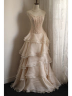 Sweet Pink A-Line Strapless Beaded Layered Chiffon Long Formal Prom Dress