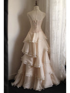Sweet Pink A-Line Strapless Beaded Layered Chiffon Long Formal Prom Dress