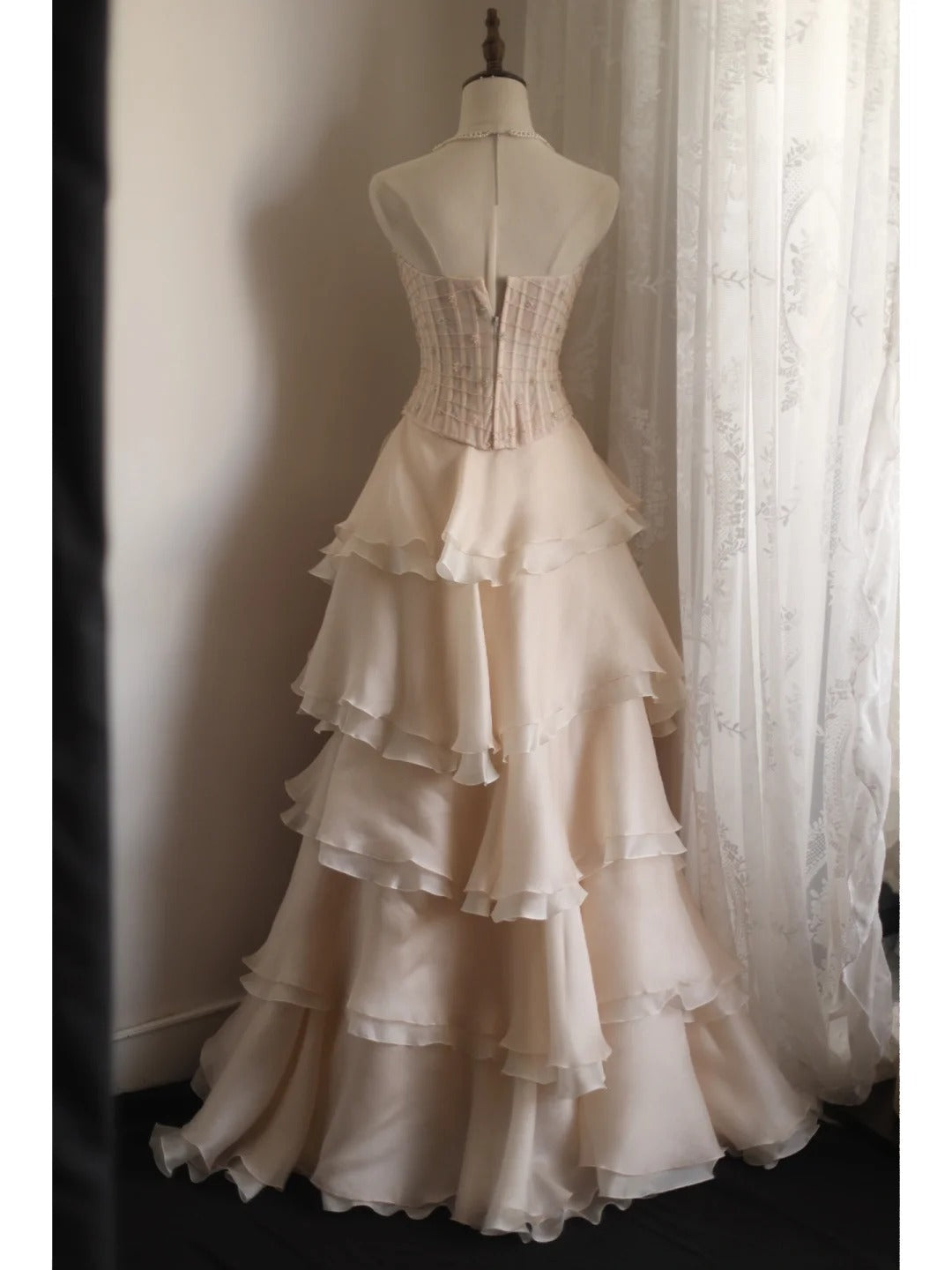 Sweet Pink A-Line Strapless Beaded Layered Chiffon Long Formal Prom Dress