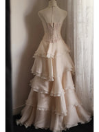 Sweet Pink A-Line Strapless Beaded Layered Chiffon Long Formal Prom Dress