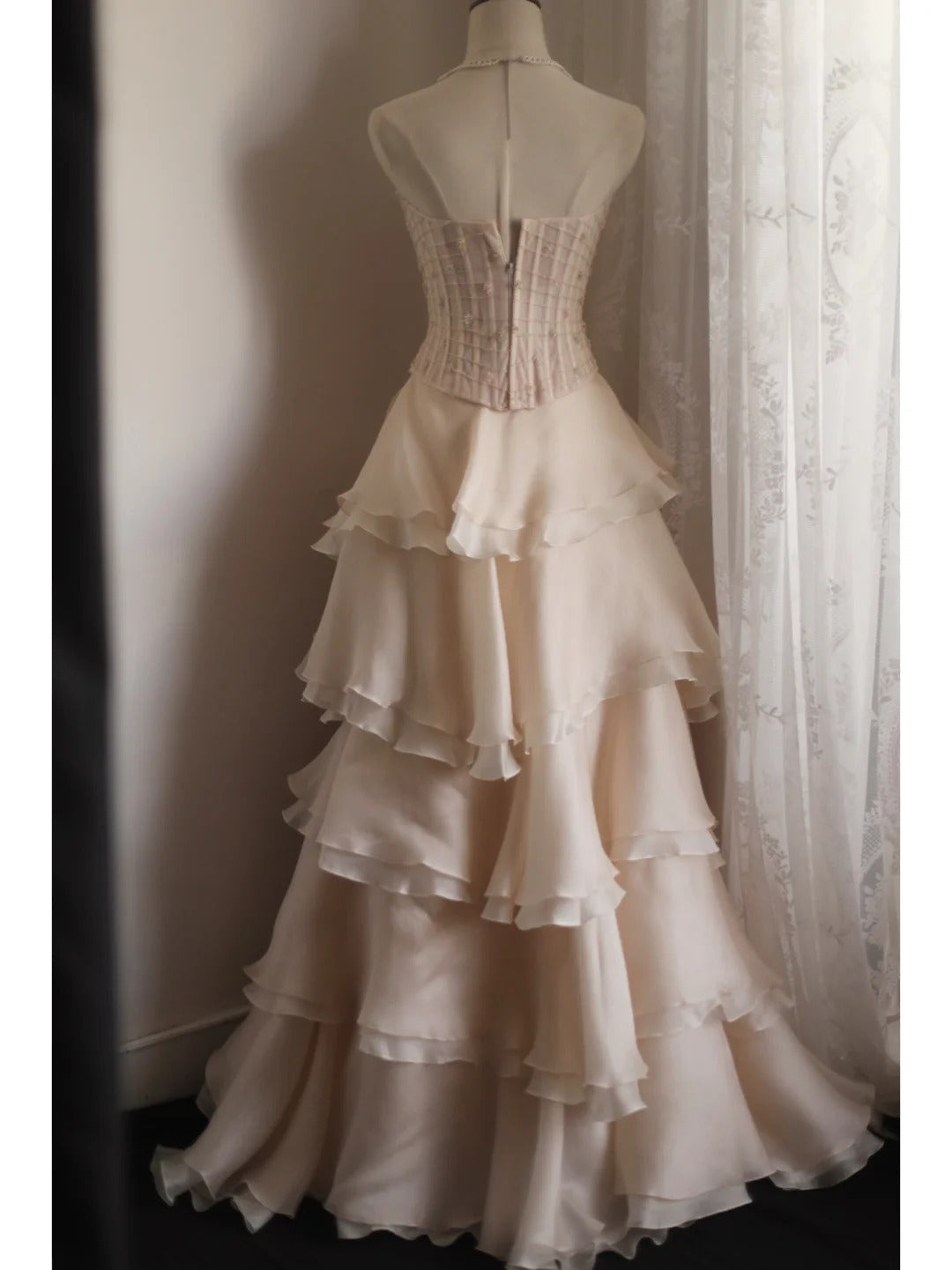 Sweet Pink A-Line Strapless Beaded Layered Chiffon Long Formal Prom Dress
