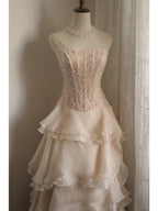 Sweet Pink A-Line Strapless Beaded Layered Chiffon Long Formal Prom Dress