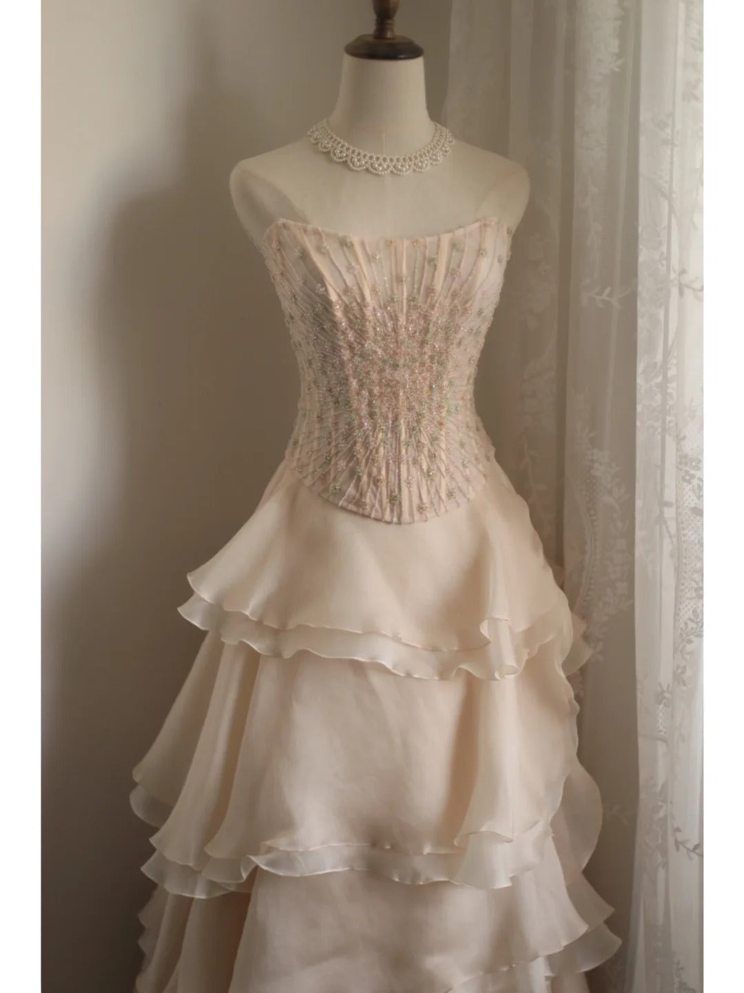 Sweet Pink A-Line Strapless Beaded Layered Chiffon Long Formal Prom Dress