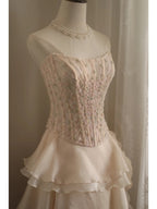 Sweet Pink A-Line Strapless Beaded Layered Chiffon Long Formal Prom Dress