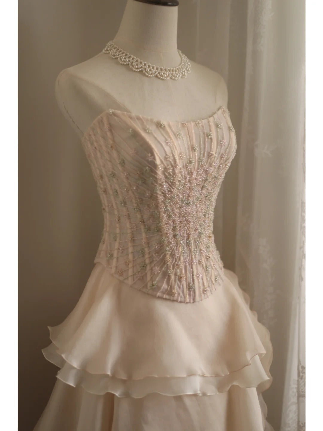 Sweet Pink A-Line Strapless Beaded Layered Chiffon Long Formal Prom Dress