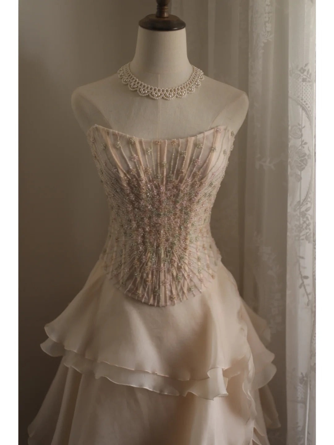 Sweet Pink A-Line Strapless Beaded Layered Chiffon Long Formal Prom Dress