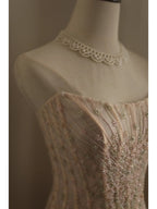 Sweet Pink A-Line Strapless Beaded Layered Chiffon Long Formal Prom Dress
