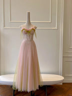 Sweet Pink A-Line Suspenders Sequined Tulle Long Formal Prom Dress Bridesmaid Dress