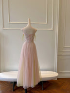 Sweet Pink A-Line Suspenders Sequined Tulle Long Formal Prom Dress Bridesmaid Dress