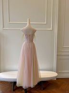Sweet Pink A-Line Suspenders Sequined Tulle Long Formal Prom Dress Bridesmaid Dress