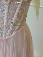 Sweet Pink A-Line Suspenders Sequined Tulle Long Formal Prom Dress Bridesmaid Dress