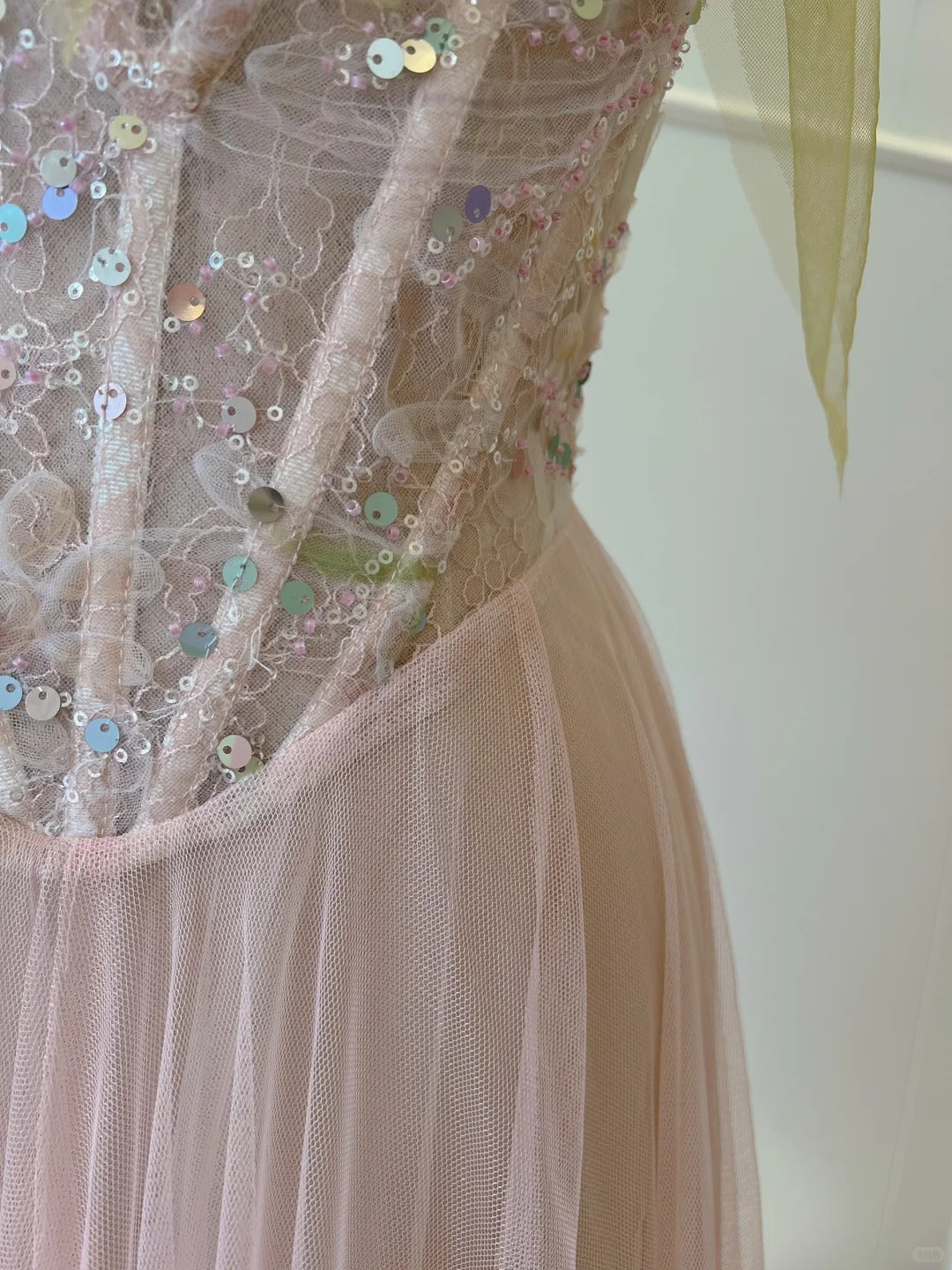 Sweet Pink A-Line Suspenders Sequined Tulle Long Formal Prom Dress Bridesmaid Dress