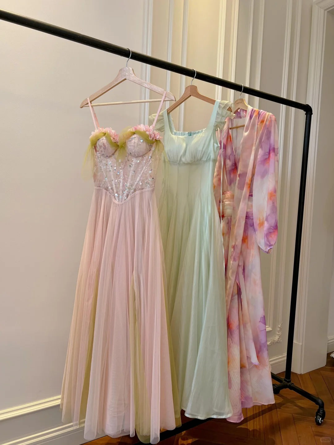 Sweet Pink A-Line Suspenders Sequined Tulle Long Formal Prom Dress Bridesmaid Dress