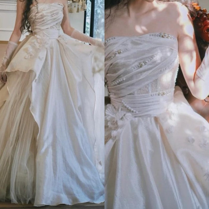 Sweet Pink A-Line Tulle Satin Prom Dress Long Strapless Applique Wedding Dress
