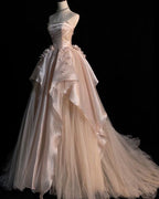 Sweet Pink A-Line Tulle Satin Prom Dress Long Strapless Applique Wedding Dress