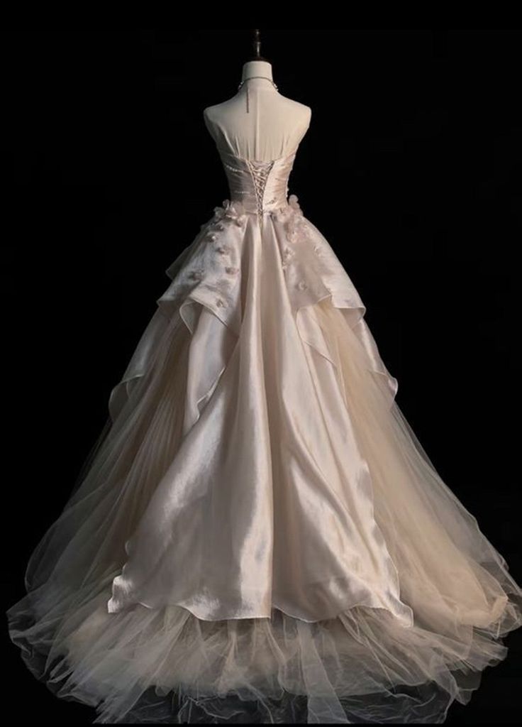 Sweet Pink A-Line Tulle Satin Prom Dress Long Strapless Applique Wedding Dress
