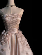 Sweet Pink A-Line Tulle Satin Prom Dress Long Strapless Applique Wedding Dress