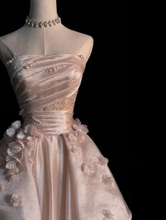 Sweet Pink A-Line Tulle Satin Prom Dress Long Strapless Applique Wedding Dress