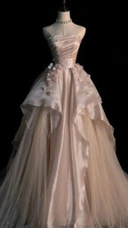 Sweet Pink A-Line Tulle Satin Prom Dress Long Strapless Applique Wedding Dress