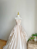 Sweet Pink A-Line Tulle Satin Prom Dress Long Strapless Applique Wedding Dress