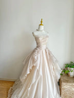 Sweet Pink A-Line Tulle Satin Prom Dress Long Strapless Applique Wedding Dress