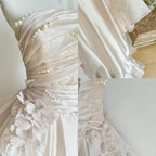 Sweet Pink A-Line Tulle Satin Prom Dress Long Strapless Applique Wedding Dress