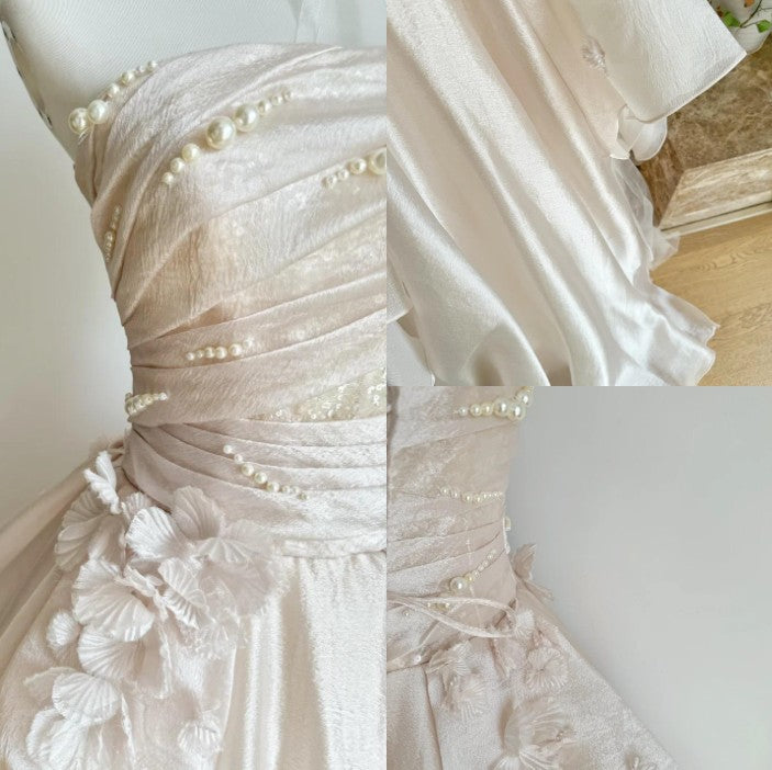 Sweet Pink A-Line Tulle Satin Prom Dress Long Strapless Applique Wedding Dress