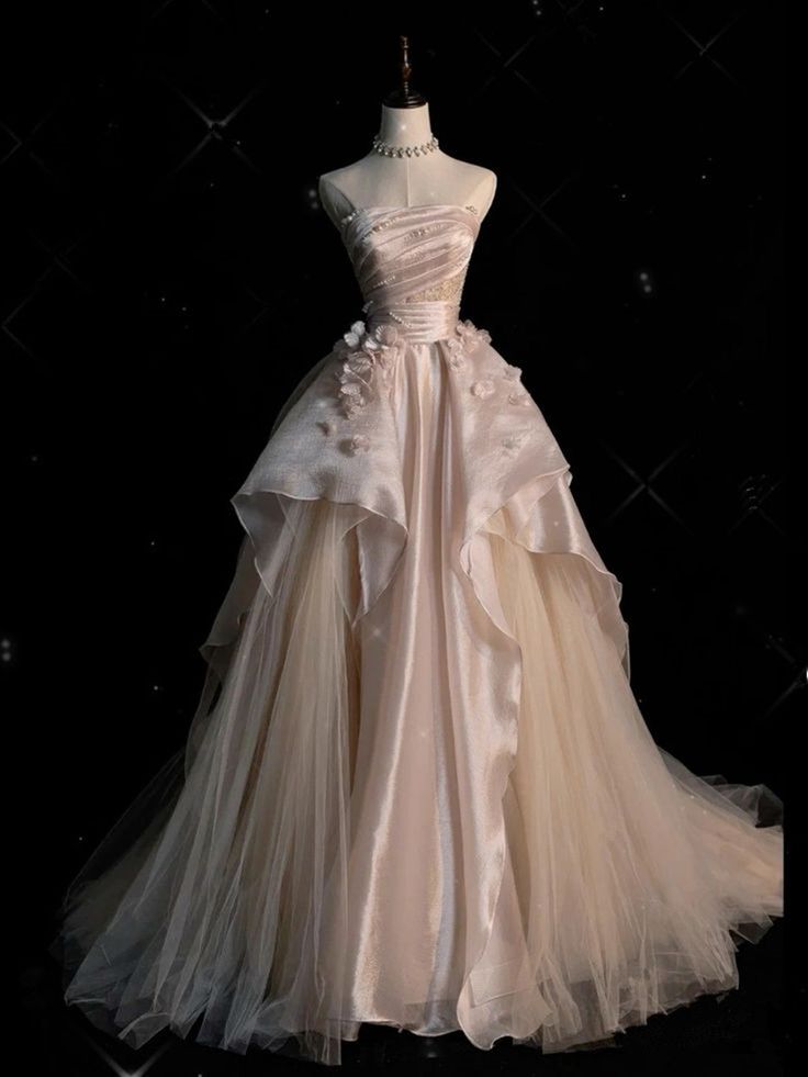 Sweet Pink A-Line Tulle Satin Prom Dress Long Strapless Applique Wedding Dress
