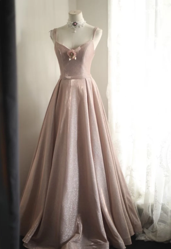 Sweet Pink A-Line V-Neck Sequined Long Formal Prom Dress Bridesmaid Dress
