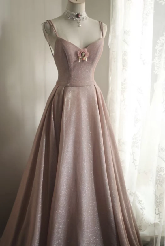 Sweet Pink A-Line V-Neck Sequined Long Formal Prom Dress Bridesmaid Dress