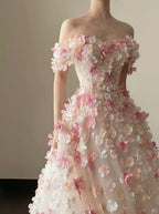 Sweet Pink And White Gradient Strapless 3D Floral Tulle Ball Gown Wedding Dress